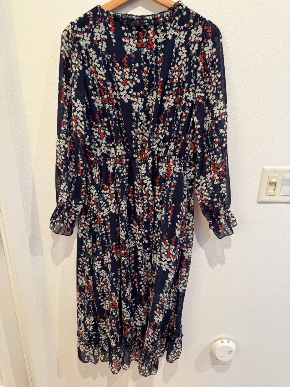 Navy Floral Ruffle Midi Dress with Tie-Front by - Picture 6 of 6